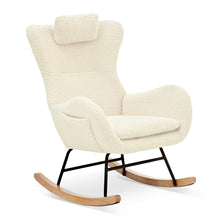 Load image into Gallery viewer, Rocking Chair Nursery, Teddy Upholstered Rocker Glider Chair With High Backrest, Adjustable Headrest & Pocket, Comfy Glider Chair For Nursery, Bedroom, Living Room, Offices, Rubber Wood