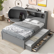Load image into Gallery viewer, Full Size Platform Bed With Trundle, Drawers, USB Ports And Built In Shelves - Gray