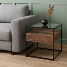 Load image into Gallery viewer, Glass Iron Square End Table With Drawer With Shelf - Black
