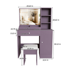 Load image into Gallery viewer, Vanity Desk Set With Padded Stool & Adjustable LED Mirror, 3 Color Mode Lighting, Compact For Bedroom - Purple