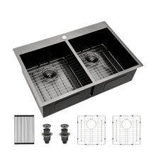 Load image into Gallery viewer, Double Bowl Drop In Kitchen Sink, 16 Gauge Stainless Steel With 2 9" Deep Basins - Gunmetal Black