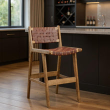 Load image into Gallery viewer, Leather And Solid Wood Low Back Bar Height Bar Chair - Brown