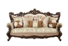 Load image into Gallery viewer, Polyester Blend Curved Damask Sofa And Toss Pillows With Brown Legs - Beige