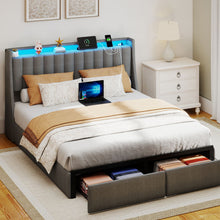 Load image into Gallery viewer, Upholstered Platform Bed Frame With RGB LED Lights, Charging Station & 2 Underbed Drawers
