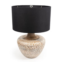 Load image into Gallery viewer, 24" Solid Wood LED Table Lamp With Black Drum Shade - Brown / Off White