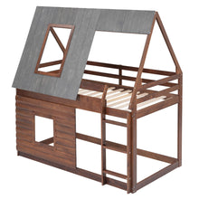 Load image into Gallery viewer, Wood Twin Size House Bunk Bed With Roof, Ladder And 2 Windows - Oak & Smoky Gray