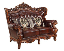 Load image into Gallery viewer, 69" Top Grain Leather Curved Loveseat And Toss Pillows - Brown And Walnut