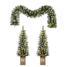 Load image into Gallery viewer, Artificial Christmas 3 Piece Set Wreath And 2 Entrance Trees With LED Lights - White / Green