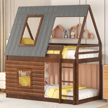 Load image into Gallery viewer, Wood Twin Size House Bunk Bed With Roof, Ladder And 2 Windows - Oak & Smoky Gray