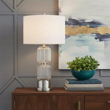 Load image into Gallery viewer, 28" Nickel Metal Table Lamp With White Drum Shade