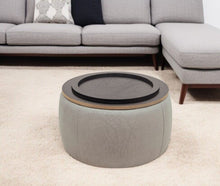 Load image into Gallery viewer, 26" Fabric And Wood Reversible Tray Top Round Storage Ottoman - Light Gray