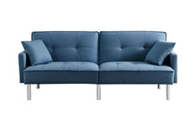 Load image into Gallery viewer, Polyester Blend Convertible Futon Sleeper Sofa And Toss Pillows With Silver Legs - Blue
