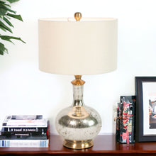 Load image into Gallery viewer, Glass LED Table Lamp With Ivory Drum Shade - Silver Metallic