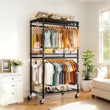 Load image into Gallery viewer, Heavy Duty Rolling Clothes Rack With 3 Tier Shelves, 2 Rails & Side Hooks, Adjustable Freestanding Organizer Metal - Black