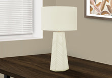 Load image into Gallery viewer, 29" White Ceramic Geometric Table Lamp With Ivory Drum Shade