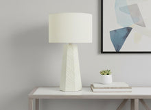 Load image into Gallery viewer, 29" White Ceramic Geometric Table Lamp With Ivory Drum Shade