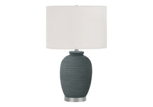Load image into Gallery viewer, 24" Blue and Silver Ceramic Round Table Lamp With Ivory Drum Shade