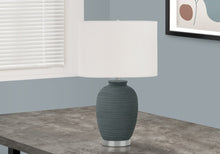 Load image into Gallery viewer, 24" Blue and Silver Ceramic Round Table Lamp With Ivory Drum Shade