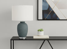 Load image into Gallery viewer, 24" Blue and Silver Ceramic Round Table Lamp With Ivory Drum Shade