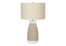 Load image into Gallery viewer, 27" Brown and White Ceramic Round Table Lamp With Beige Drum Shade