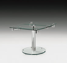 Load image into Gallery viewer, 40" Clear and Silver Glass and Metal Self-Storing Leaf Motion Extendable Dining Table