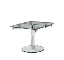 Load image into Gallery viewer, 40" Clear and Silver Glass and Metal Self-Storing Leaf Motion Extendable Dining Table
