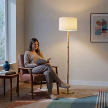 Load image into Gallery viewer, Stellar - Linen Shade Floor Lamp - Gold / Natural Wood / Rattan / White