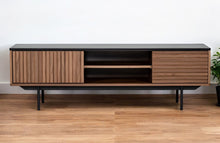 Load image into Gallery viewer, 63" Wood Open And Enclosed Storage TV Stand - Gray And Walnut