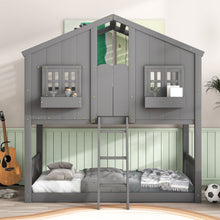 Load image into Gallery viewer, House Bunk Bed With Roof, Window, Window Box, Door, With Safety Guardrails And Ladder