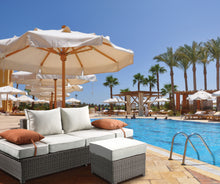 Load image into Gallery viewer, Salena - All Weather Wicker Patio Sofa & Ottoman With 2 Toss Pillows - Beige / Gray