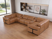 Load image into Gallery viewer, Leather Power Reclining U Shaped 8 Piece Corner Sectional With Console - Chestnut