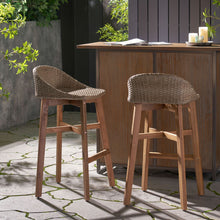 Load image into Gallery viewer, Beeson - Outdoor Wicker And Acacia Wood Barstools Set, Water Resistant - Brown