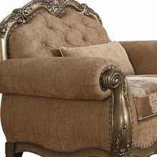 Load image into Gallery viewer, Linen Damask Tufted Arm Chair And Toss Pillow - Brown And Champagne