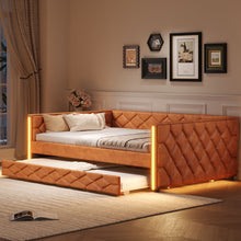Load image into Gallery viewer, Upholstered Full Long Daybed With Trundle And LED Armrests - Brown