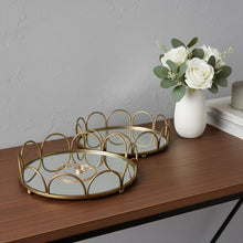 Load image into Gallery viewer, Metal Mirrored Glass Round Vanity Trays (Set of 2) - Antiqued Gold