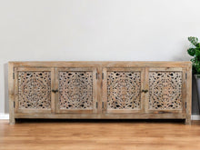 Load image into Gallery viewer, 86" Carved Floral Distressed Solid Wood Enclosed Storage TV Stand - Natural