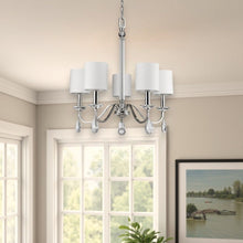 Load image into Gallery viewer, Candle Style Five Light Metal And Crystals Dimmable Chandelier With White Shades - Silver / White
