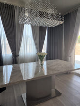 Load image into Gallery viewer, 79" Marble And Stainless Steel Pedestal Base Dining Table - Gray / White