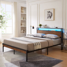 Load image into Gallery viewer, Metal Platform Bed Frame With Wooden Headboard And Footboard With USB Liner, LED Lights, No Box Spring Needed, Large Under Bed Storage