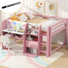 Load image into Gallery viewer, Low Loft Bed With Built In Desk, Storage Cabinets, Open Bookcase And Doodle board