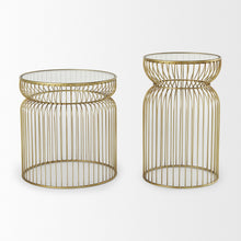 Load image into Gallery viewer, Tempered Glass Metal Wire Round Drum End Tables (Set of 2) - Clear / Gold