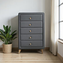 Load image into Gallery viewer, Upholstery 5 Drawer Chest Dresser With Light Natural Legs - Light Gray