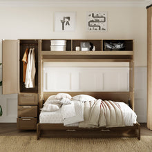 Load image into Gallery viewer, Full Size Murphy Bed With Wardrobe, Drawers, And Open Shelves - Wood