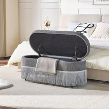 Load image into Gallery viewer, Oval Upholstered Storage Ottoman With Fringe Trim & Lift Top Lid