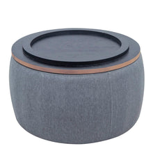 Load image into Gallery viewer, 26" Fabric And Wood Reversible Tray Top Round Storage Ottoman - Dark Gray And Natural