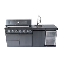 Load image into Gallery viewer, 6 Burner 85, 000 Btu Outdoor Kitchen Island Grill With Wine Cooler Refrigerator, Rotisserie Kit, Granite Countertops & Sink - Black