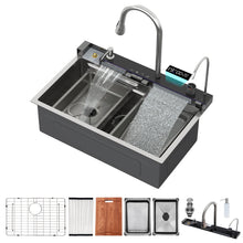 Load image into Gallery viewer, Kitchen Waterfall Sink Single Bowl With LED Faucet, Ledge Workstation, And Multi Function Pull Out Spray - Brushed Nickel