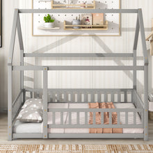 Load image into Gallery viewer, Floor Wooden Bed With House Roof Frame, Fence Guardrails