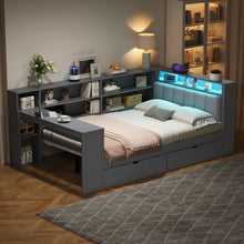 Load image into Gallery viewer, Platform Bed With Upholstered Headboard, Storage Shelves, Drawers, Charging Station, LED Lighting, Built In Desk