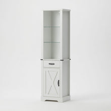 Load image into Gallery viewer, Pantry Cabinet With LED Lights And Barn Door With Tempered Glass Shelves - White